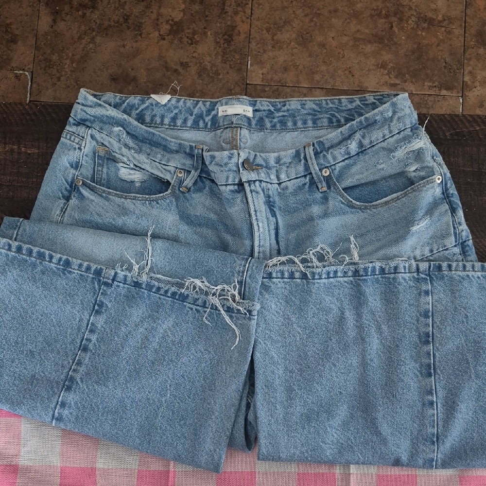 Good American Medium Blue Distressed Flare Jeans